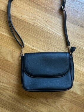 Black Mini Crossbody Bag Faux Leather Flap Saddle Gold Hardware Stripe Lining